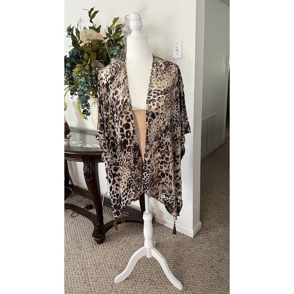 NWT Mystree Leopard Print Sheer Kimono Shrug Cape Tassels Metallic Accents OS